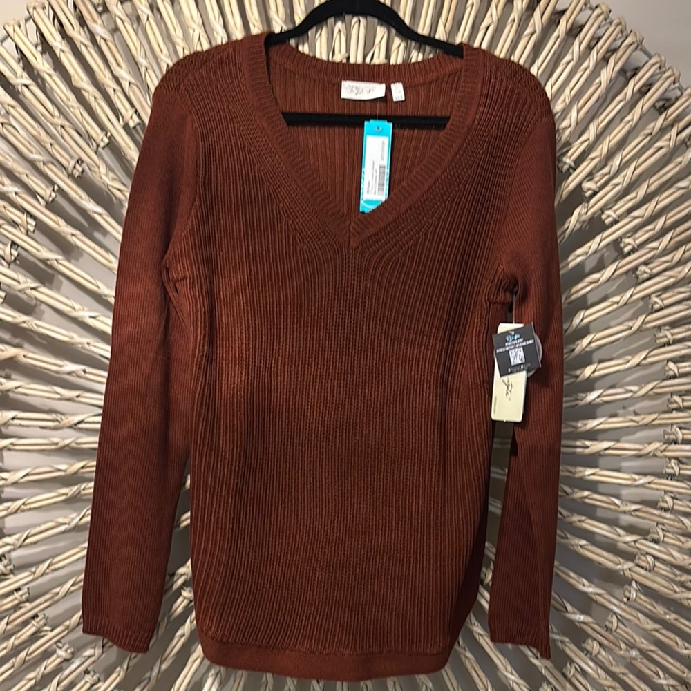 Burnt Orange V-Neck Sweater with Chunky Knit Design